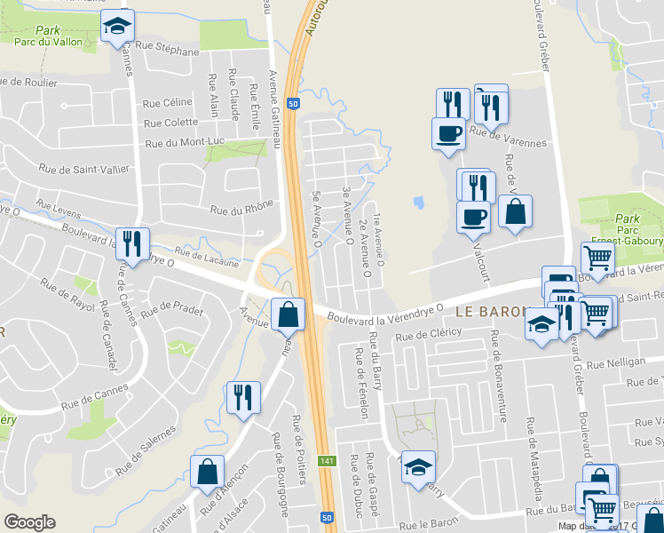 map of restaurants, bars, coffee shops, grocery stores, and more near 37 4e Avenue Ouest in Gatineau
