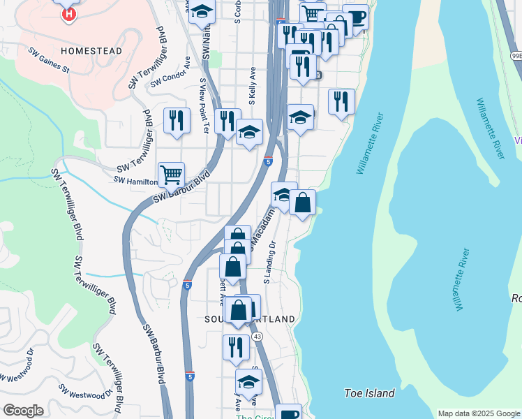 map of restaurants, bars, coffee shops, grocery stores, and more near 4628 South Kelly Avenue in Portland