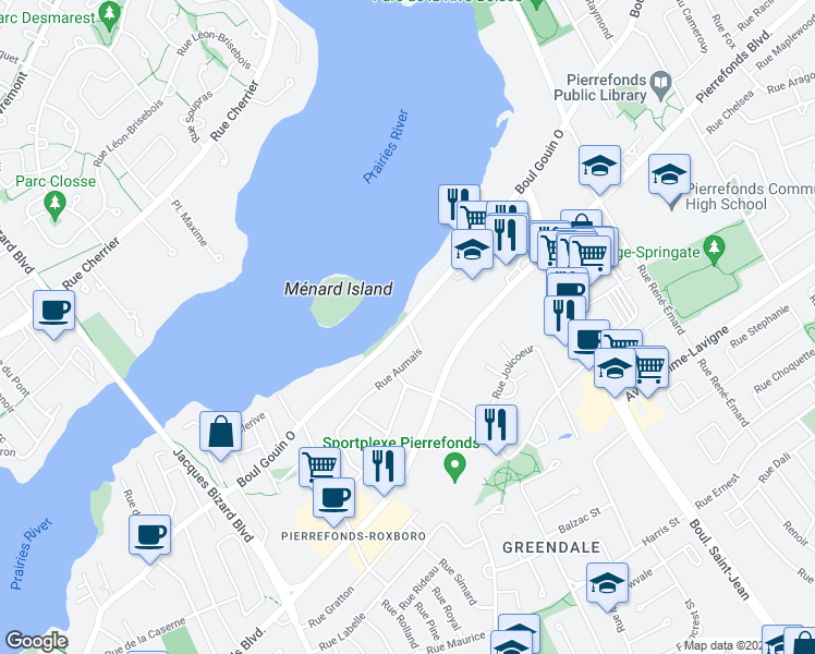map of restaurants, bars, coffee shops, grocery stores, and more near 14704 Boulevard Gouin Ouest in Montréal