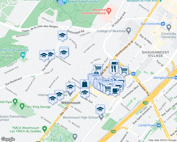 map of restaurants, bars, coffee shops, grocery stores, and more near 472 Avenue Wood in Westmount