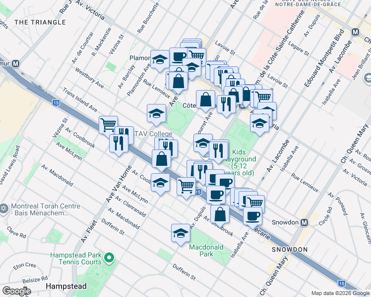map of restaurants, bars, coffee shops, grocery stores, and more near 5173 Avenue Bourret in Montréal