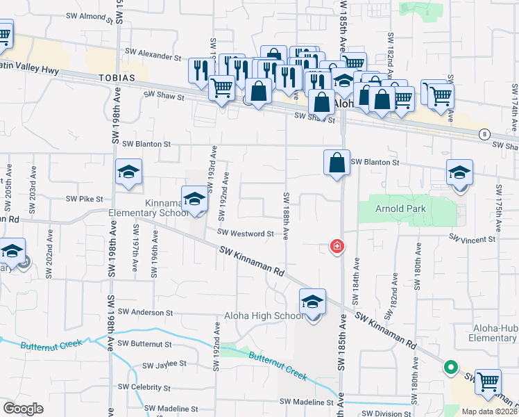 map of restaurants, bars, coffee shops, grocery stores, and more near 4155 Southwest 189th Place in Aloha