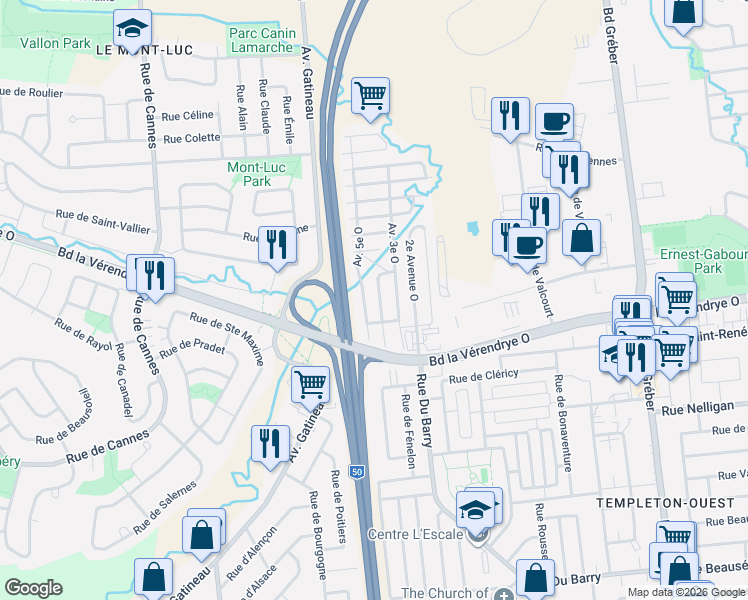 map of restaurants, bars, coffee shops, grocery stores, and more near 37 4e Avenue Ouest in Gatineau
