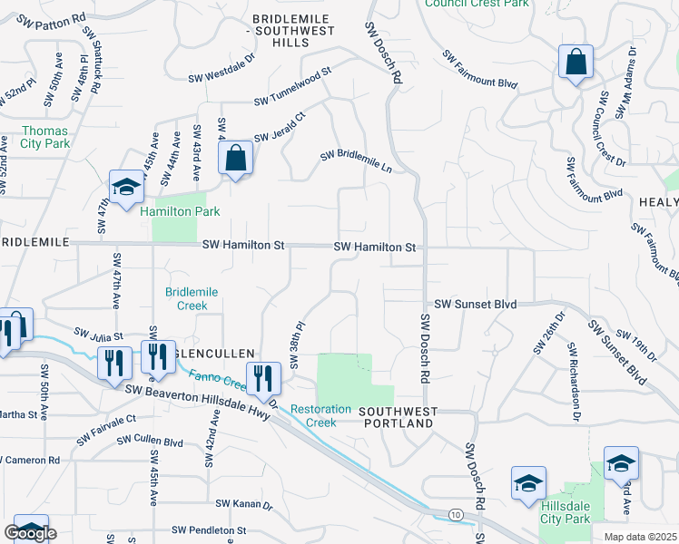 map of restaurants, bars, coffee shops, grocery stores, and more near 4610 Southwest 37th Avenue in Portland