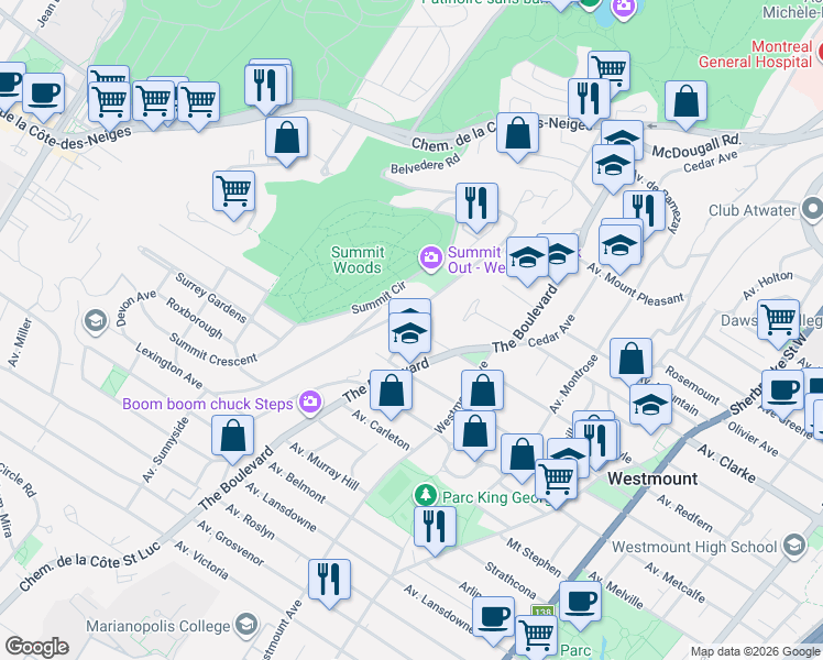 map of restaurants, bars, coffee shops, grocery stores, and more near 17 Avenue Bellevue in Westmount