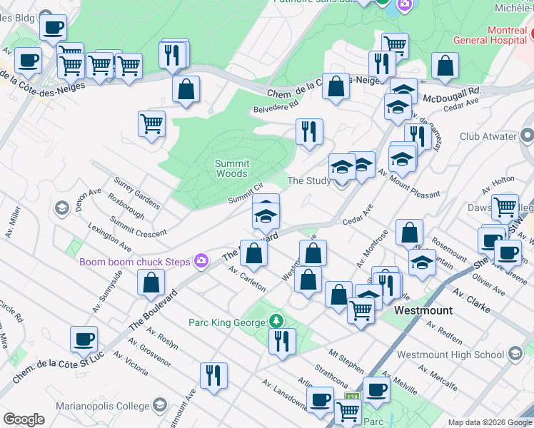 map of restaurants, bars, coffee shops, grocery stores, and more near 17 Avenue Bellevue in Westmount