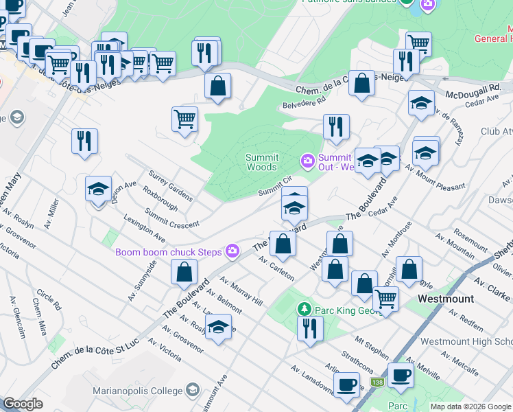 map of restaurants, bars, coffee shops, grocery stores, and more near 105 Upper Bellevue in Westmount