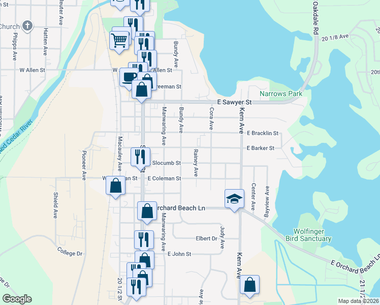 map of restaurants, bars, coffee shops, grocery stores, and more near 203 East Barker Street in Rice Lake