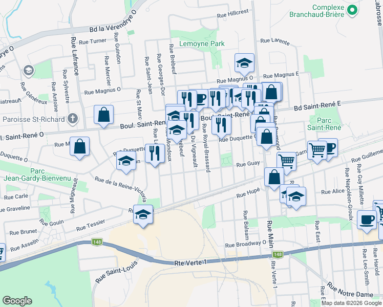 map of restaurants, bars, coffee shops, grocery stores, and more near 353 Rue du Vigneau in Gatineau