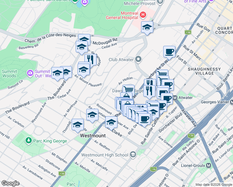 map of restaurants, bars, coffee shops, grocery stores, and more near 472 Avenue Wood in Westmount