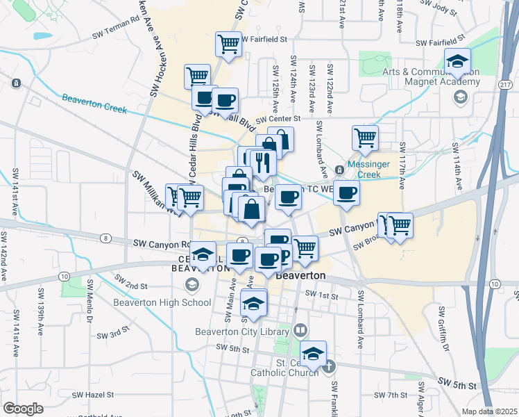 map of restaurants, bars, coffee shops, grocery stores, and more near in Beaverton