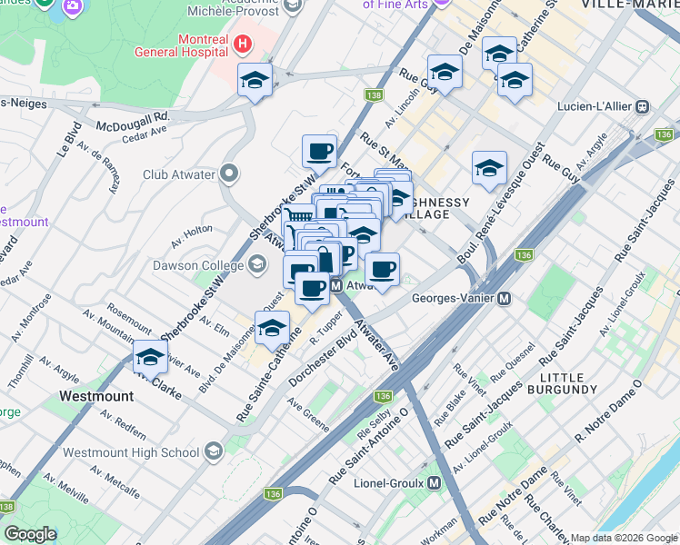 map of restaurants, bars, coffee shops, grocery stores, and more near 2313 Rue Sainte-Catherine Ouest in Montréal