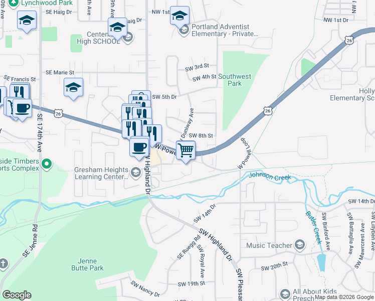 map of restaurants, bars, coffee shops, grocery stores, and more near 3960 Southwest 8th Street in Gresham