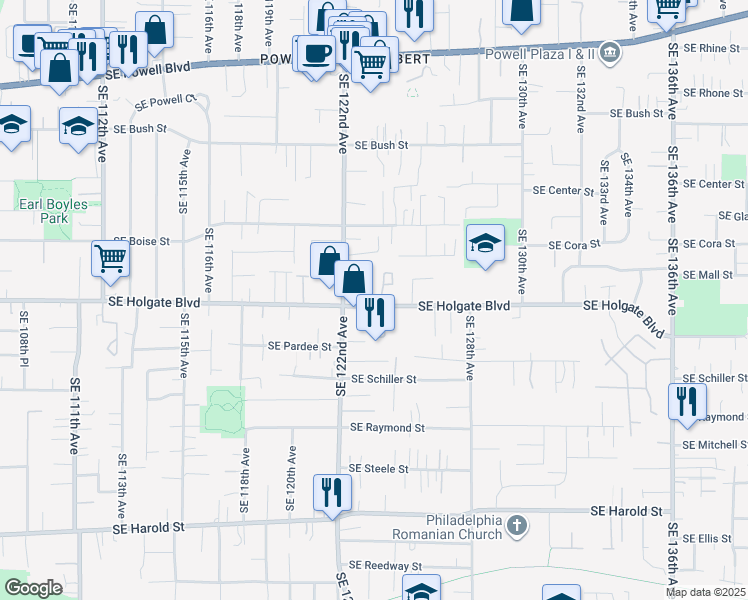 map of restaurants, bars, coffee shops, grocery stores, and more near 4300-4344 Southeast 122nd Avenue in Portland