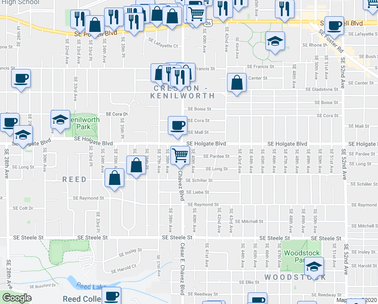 map of restaurants, bars, coffee shops, grocery stores, and more near in Portland