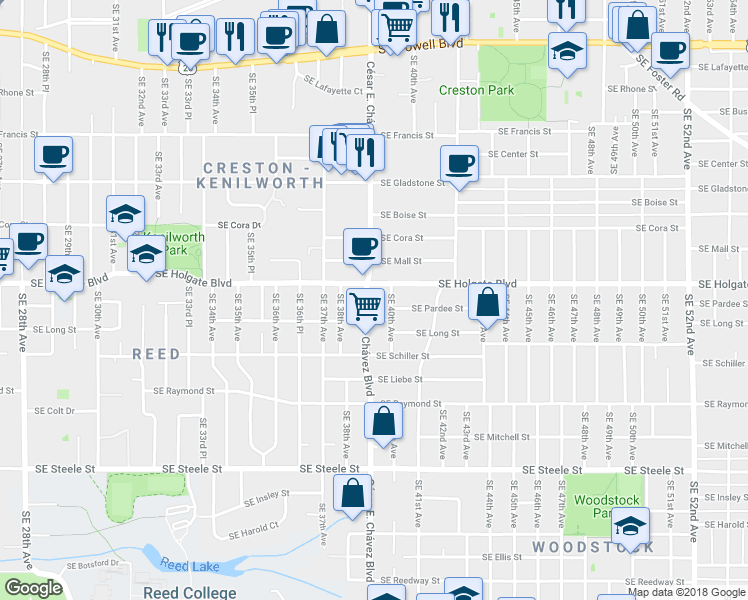 map of restaurants, bars, coffee shops, grocery stores, and more near 3951 Southeast Holgate Boulevard in Portland