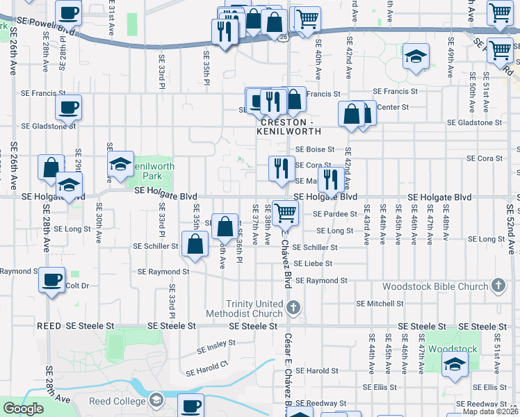map of restaurants, bars, coffee shops, grocery stores, and more near 3673-3675 Southeast Holgate Boulevard in Portland