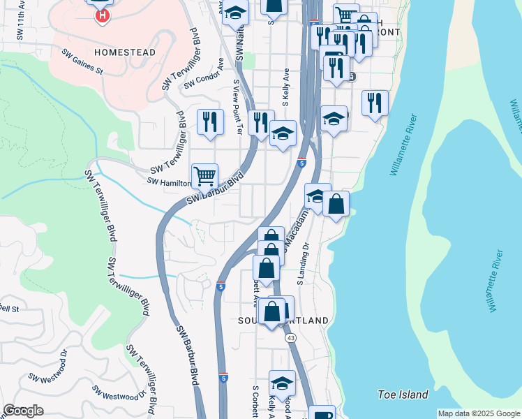 map of restaurants, bars, coffee shops, grocery stores, and more near 224 South Hamilton Street in Portland