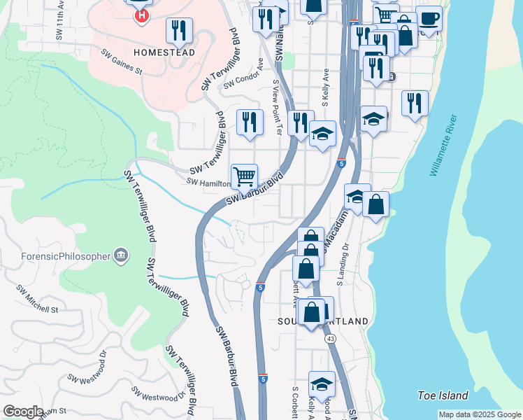 map of restaurants, bars, coffee shops, grocery stores, and more near 4526 Southwest Condor Avenue in Portland