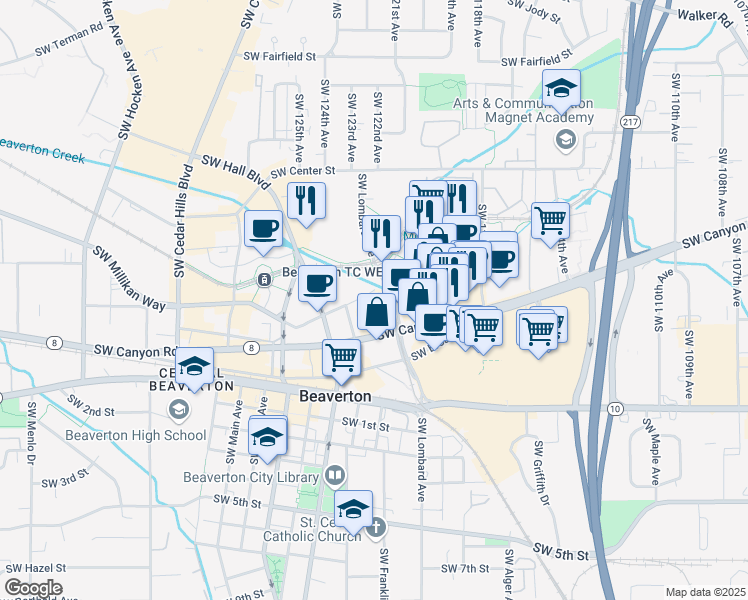 map of restaurants, bars, coffee shops, grocery stores, and more near 4108 Southwest Lombard Avenue in Beaverton
