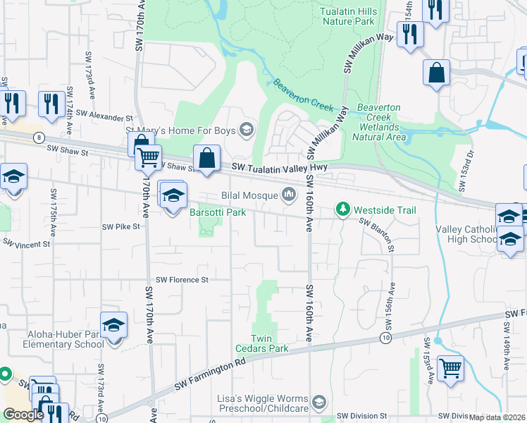 map of restaurants, bars, coffee shops, grocery stores, and more near 16375 Southwest Blanton Street in Aloha