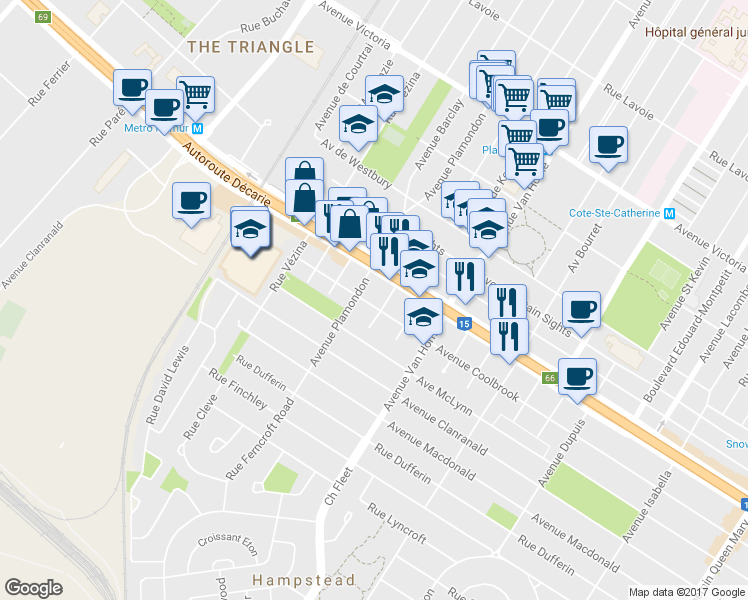 map of restaurants, bars, coffee shops, grocery stores, and more near 6417 Avenue Coolbrook in Montréal