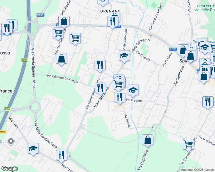 map of restaurants, bars, coffee shops, grocery stores, and more near 41 Viale Sanremo in Spinea