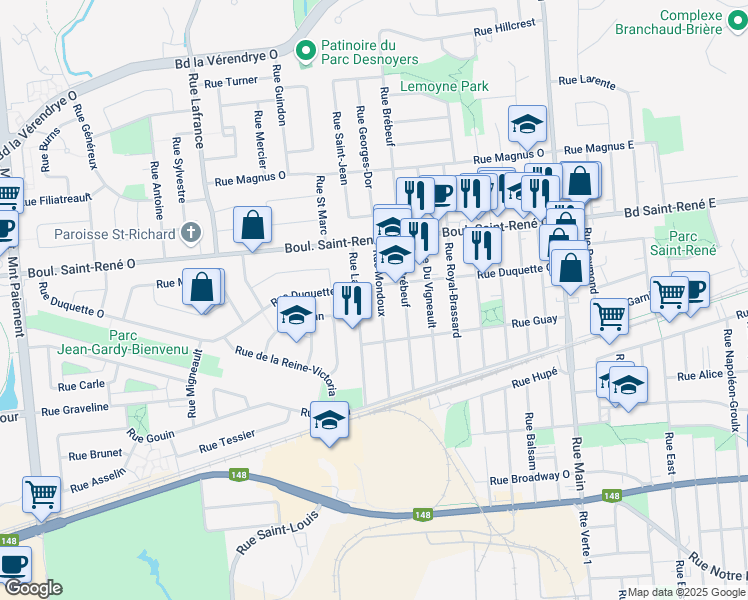 map of restaurants, bars, coffee shops, grocery stores, and more near 357 Rue Mondoux in Gatineau