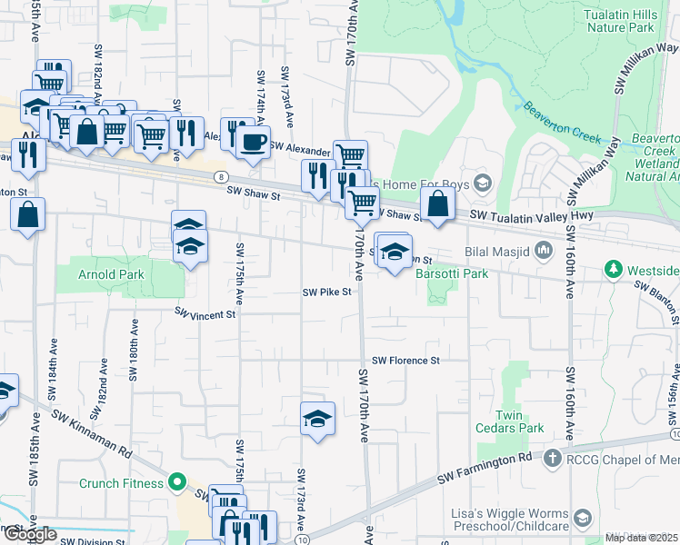 map of restaurants, bars, coffee shops, grocery stores, and more near 17080 Southwest Blanton Street in Beaverton