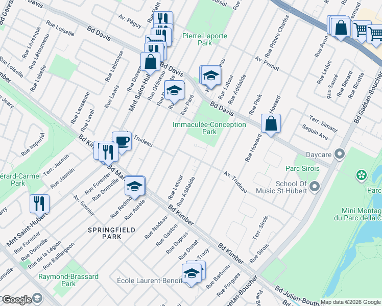 map of restaurants, bars, coffee shops, grocery stores, and more near 5610 Avenue Trudeau in Longueuil