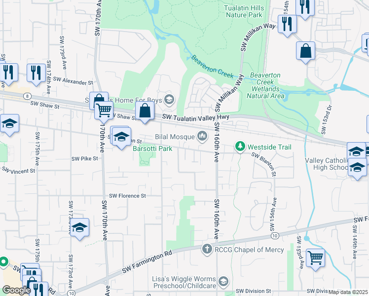 map of restaurants, bars, coffee shops, grocery stores, and more near 16375 Southwest Blanton Street in Aloha