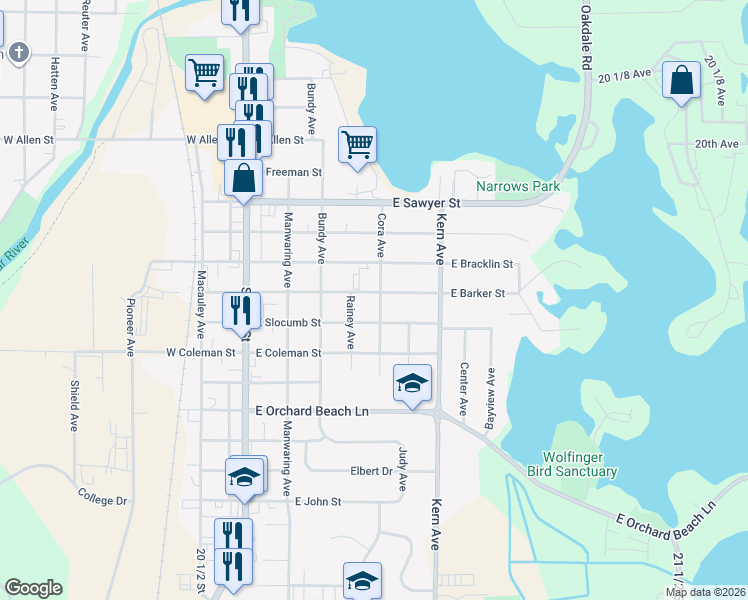 map of restaurants, bars, coffee shops, grocery stores, and more near 307 East Barker Street in Rice Lake