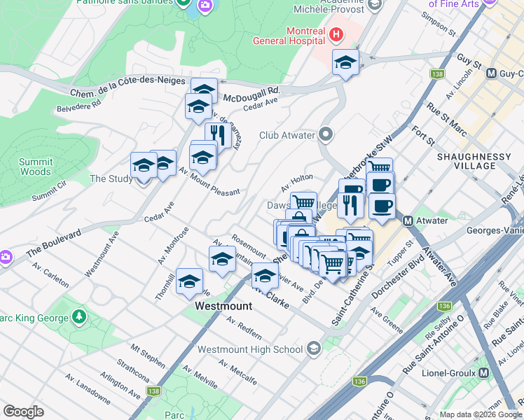 map of restaurants, bars, coffee shops, grocery stores, and more near 48 Avenue Holton in Westmount