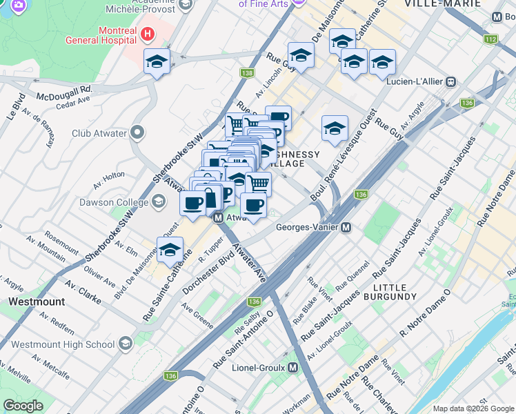 map of restaurants, bars, coffee shops, grocery stores, and more near 1235 A Rue du Sussex in Montréal