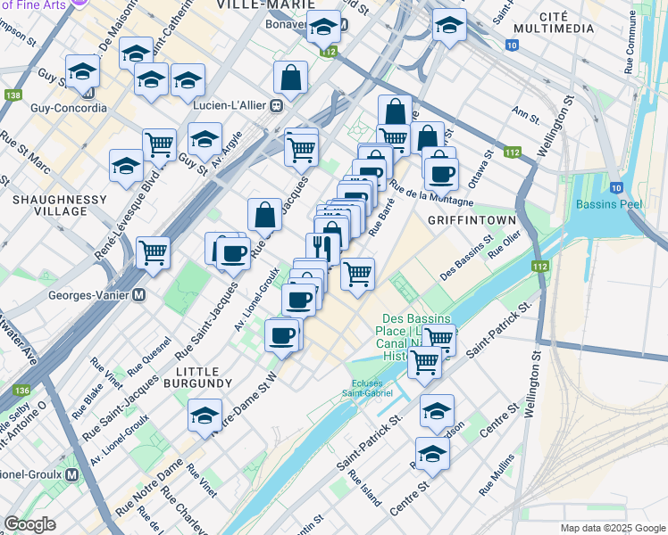 map of restaurants, bars, coffee shops, grocery stores, and more near 462 Rue Guy in Montréal