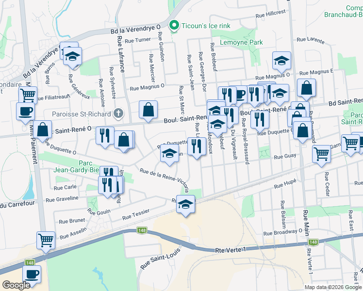 map of restaurants, bars, coffee shops, grocery stores, and more near 348 Rue Duquette Ouest in Gatineau