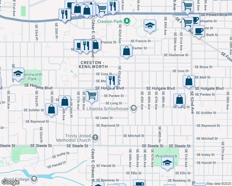 map of restaurants, bars, coffee shops, grocery stores, and more near 4522 Southeast 41st Avenue in Portland