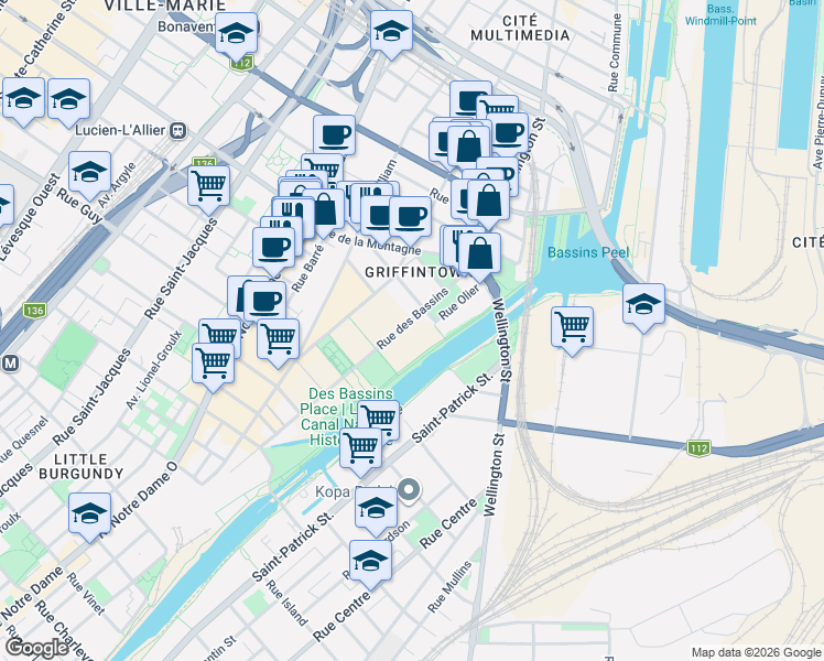 map of restaurants, bars, coffee shops, grocery stores, and more near 1458 Rue des Bassins in Montréal