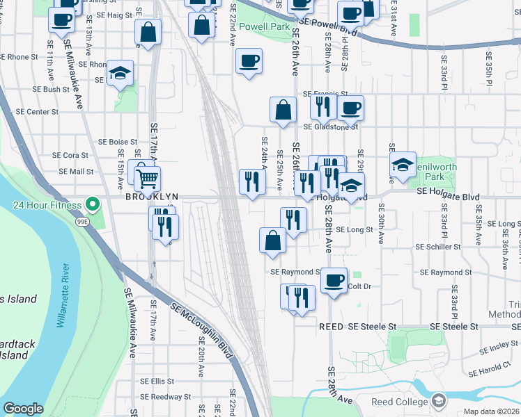 map of restaurants, bars, coffee shops, grocery stores, and more near 4510 Southeast 23rd Avenue in Portland