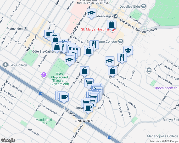 map of restaurants, bars, coffee shops, grocery stores, and more near 5280 Avenue Victoria in Montréal
