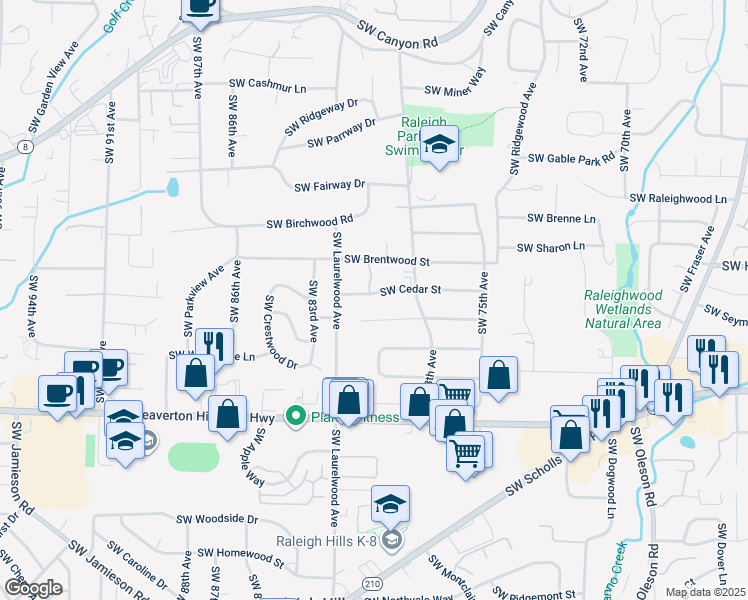 map of restaurants, bars, coffee shops, grocery stores, and more near 8020 Southwest Cedar Street in Portland