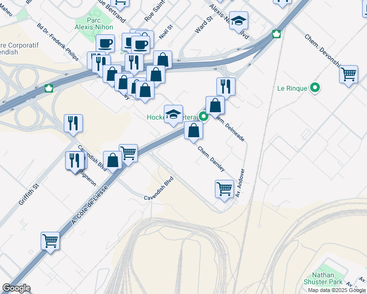 map of restaurants, bars, coffee shops, grocery stores, and more near 5950 Chemin de la Côte de Liesse in Mont-Royal