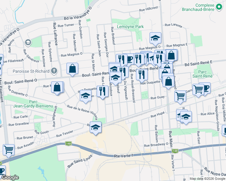 map of restaurants, bars, coffee shops, grocery stores, and more near 354 Rue Mondoux in Gatineau