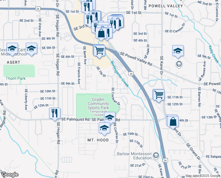 map of restaurants, bars, coffee shops, grocery stores, and more near 2552 Southeast 9th Court in Gresham