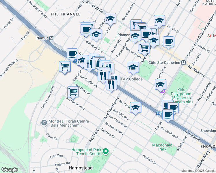 map of restaurants, bars, coffee shops, grocery stores, and more near 5300 Garland Place in Montreal