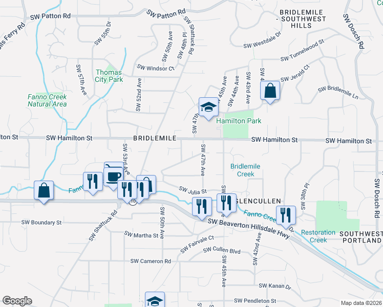 map of restaurants, bars, coffee shops, grocery stores, and more near 4718 Southwest Hamilton Street in Portland
