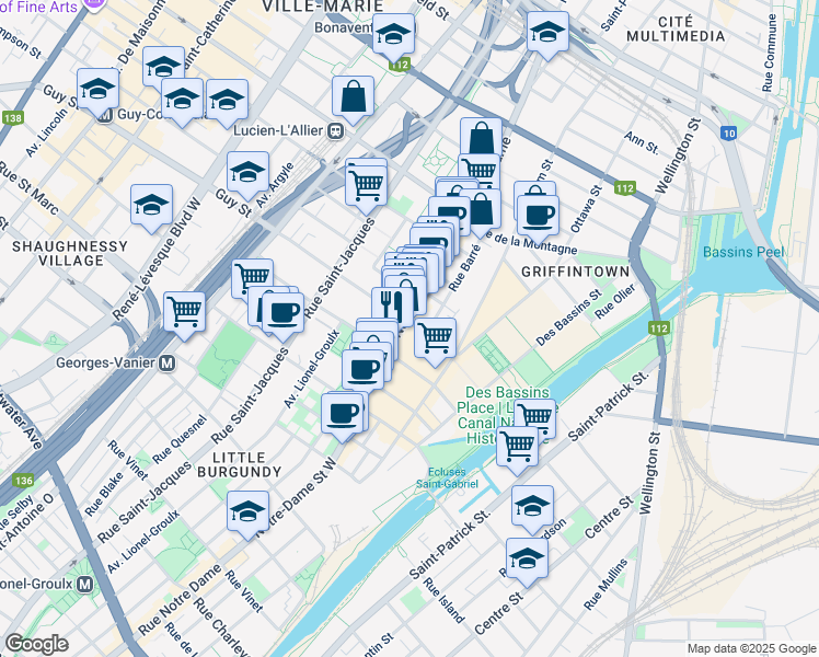 map of restaurants, bars, coffee shops, grocery stores, and more near 462 Rue Guy in Montréal