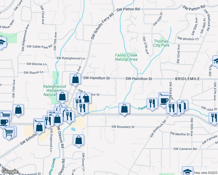 map of restaurants, bars, coffee shops, grocery stores, and more near 6233 Southwest Hamilton Way in Portland