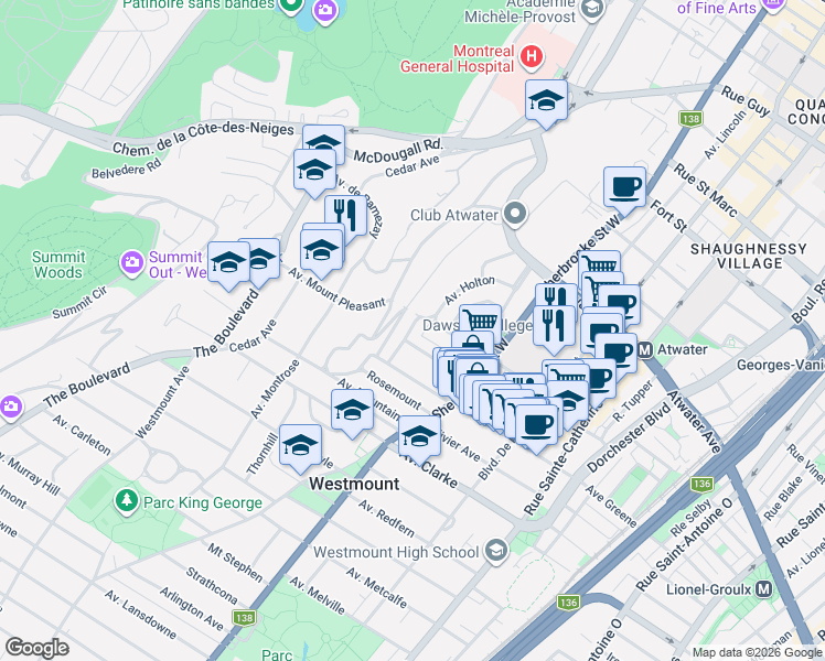 map of restaurants, bars, coffee shops, grocery stores, and more near 48 Avenue Holton in Westmount