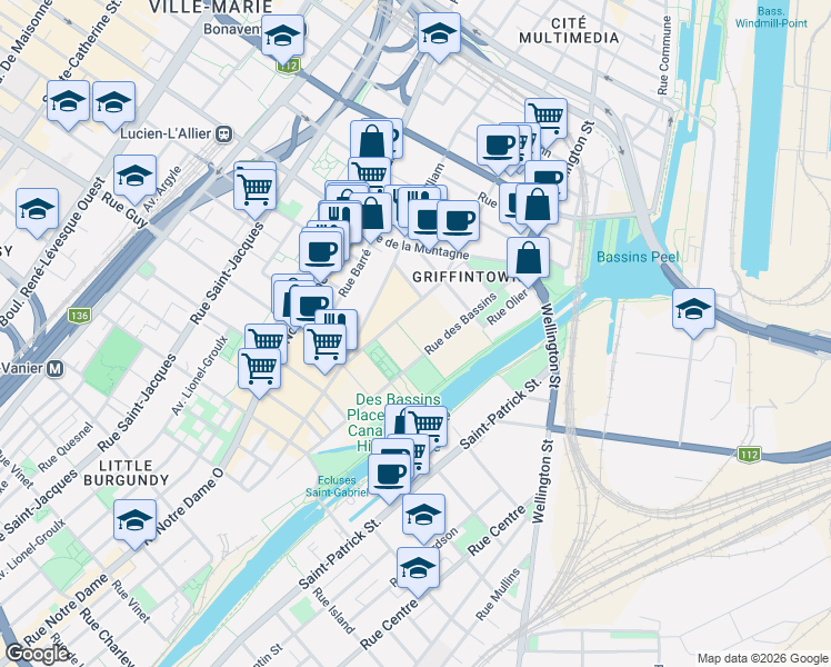 map of restaurants, bars, coffee shops, grocery stores, and more near 1485 Rue des Bassins in Montréal